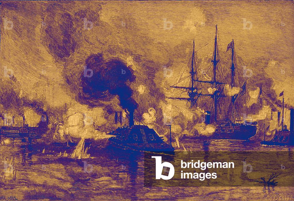 CSS Arkansas running through the Union fleet