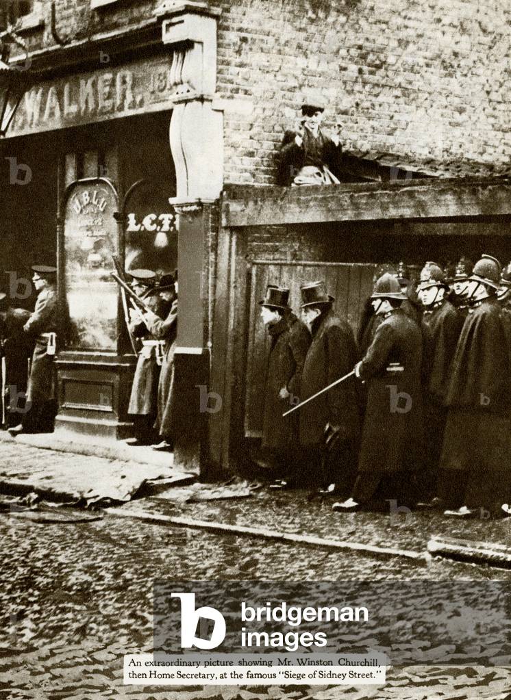 Winston Churchill at the Sidney Street Siege in 1911 (b/w photo)