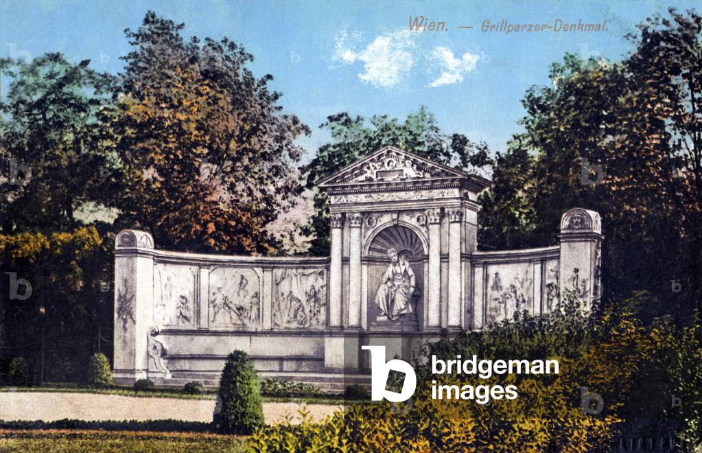 Grillparzer Monument in public gardens, Vienna (postcard)