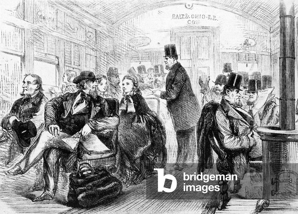 Interior of a carriage on Baltimore & Ohio Railroad, ca 1850