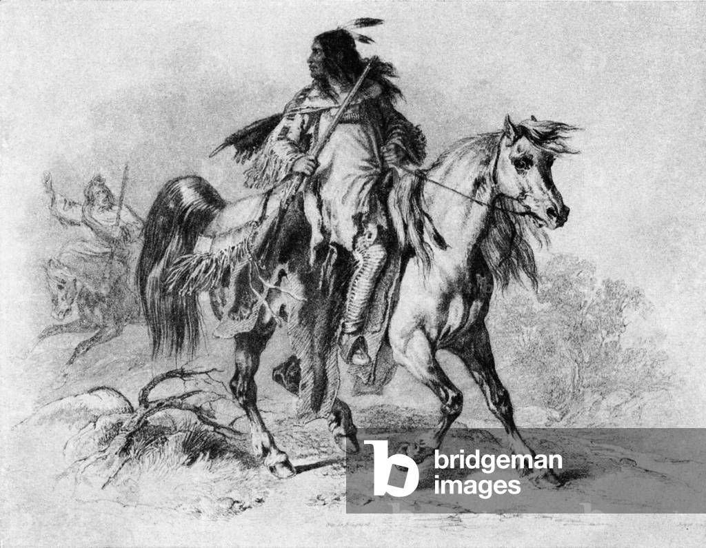 Blackfoot Indian/ Native American on horseback (engraving)