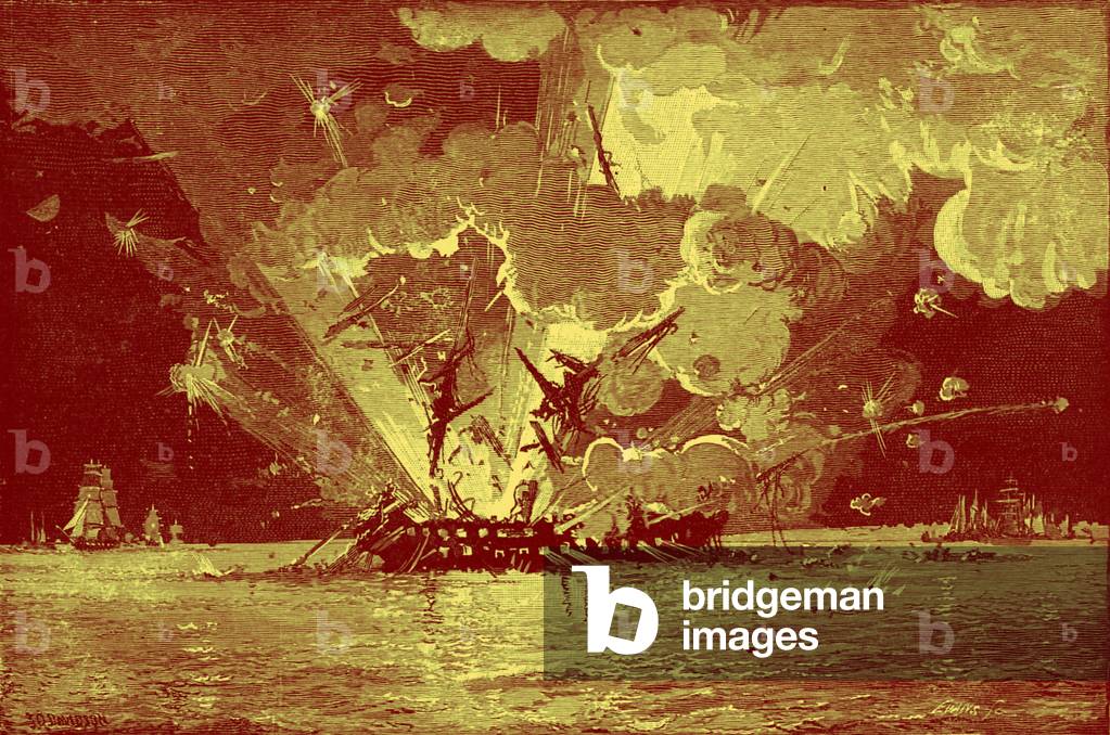 Explosion on the burning USS Congress during the Battle of Hampton Roads on 8 March, 1862. American Civil War.