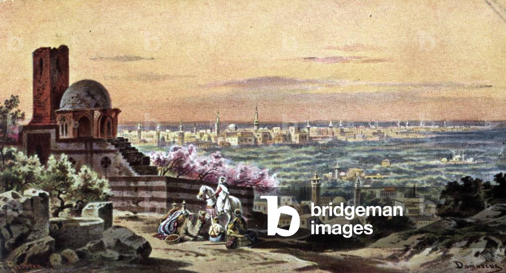 Damascus. Man on horseback dealing with traders amidst backdrop of the city (print)