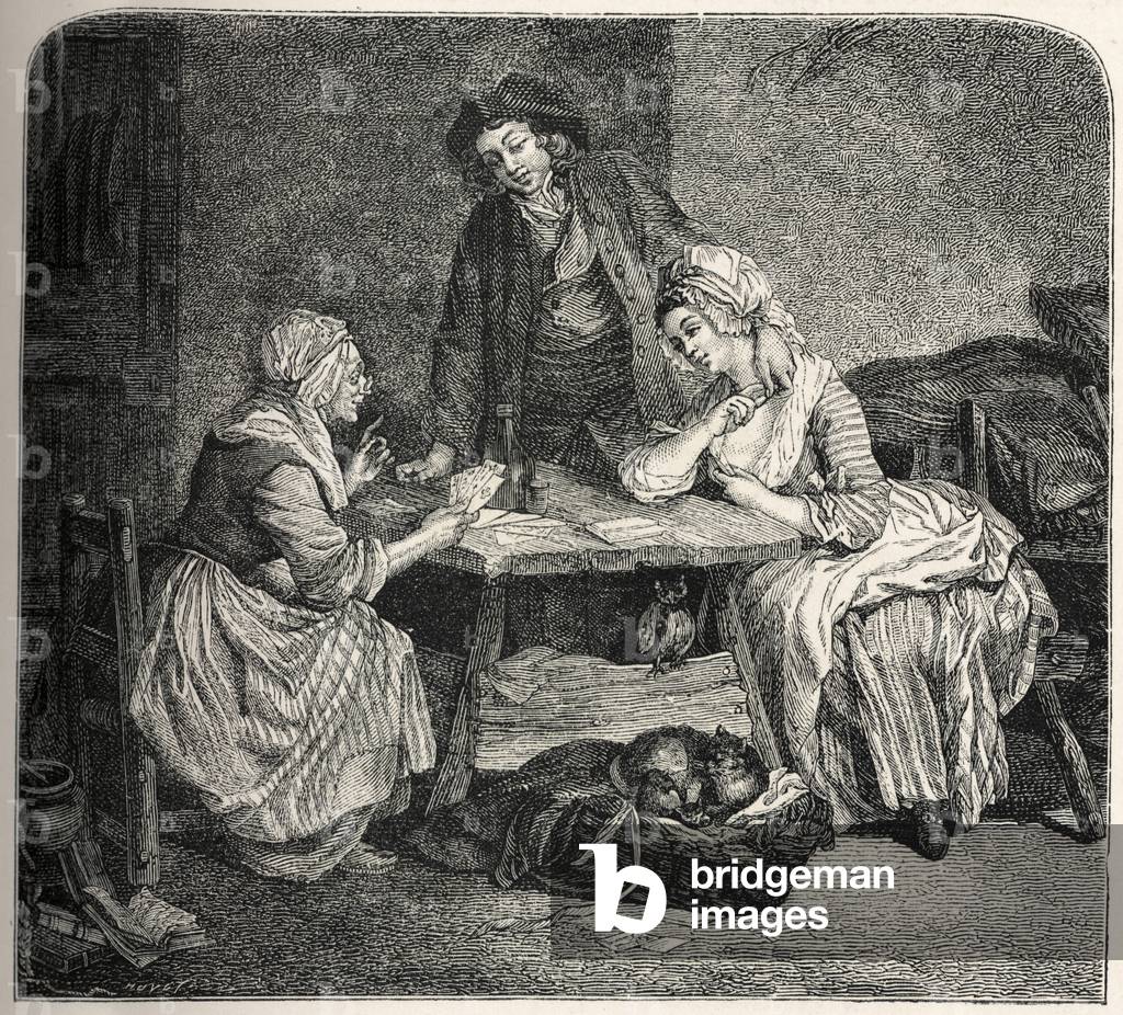 French 18th century fortune-teller, 1876 (engraving)