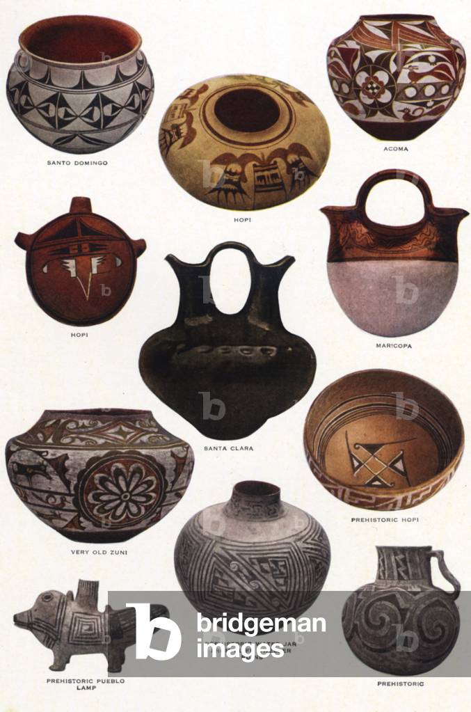 Native American clay pottery made by Native Americans of the Pueblo People, New Mexico, 1920 (print)