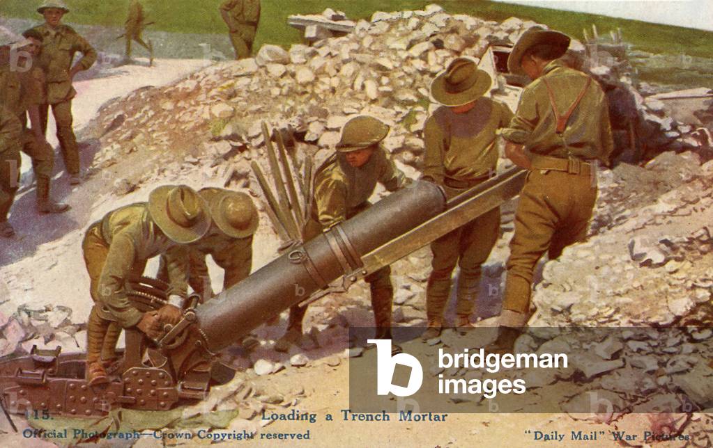 World War 1: British soldiers loading a trench mortar