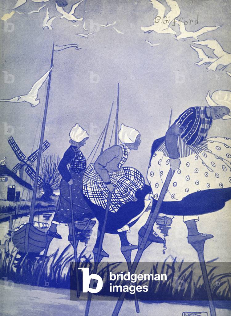 Dutch children on stilts wearing traditional Dutch cotton hats