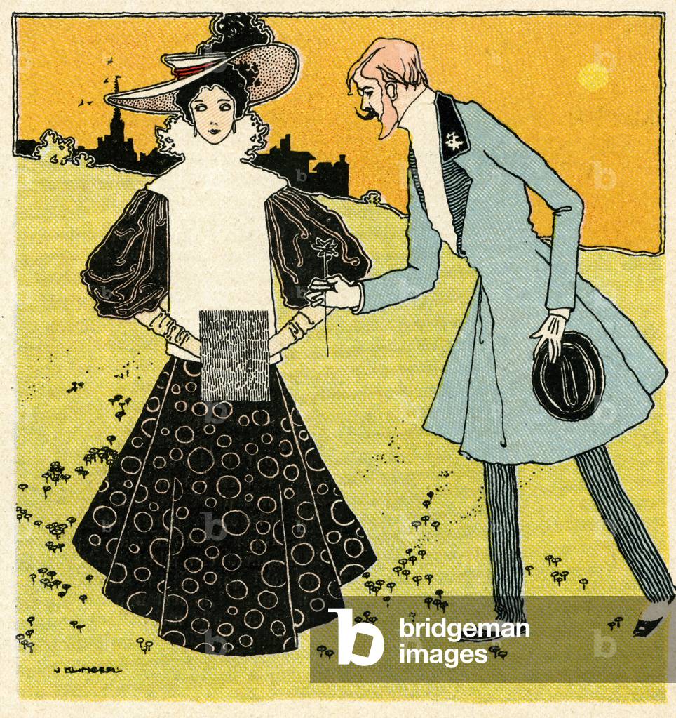 Women with muff approached by man with flower, 1897 (print)