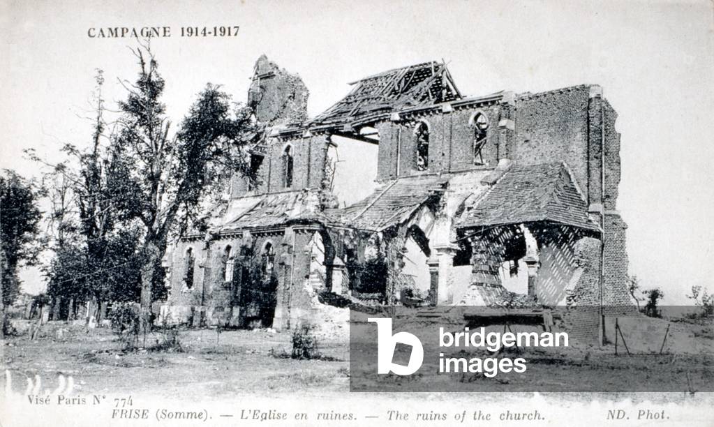 Ruins of the church in the village of Frise, Somme, France 1914-1918 (postcard)