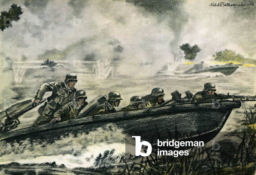 German pioneer troops attacking in an assault boat