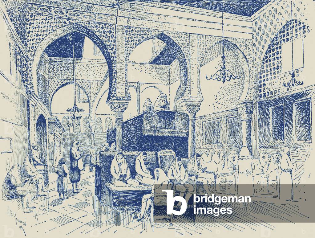 Synagogue interior, Algiers . 16th century. (engraving)