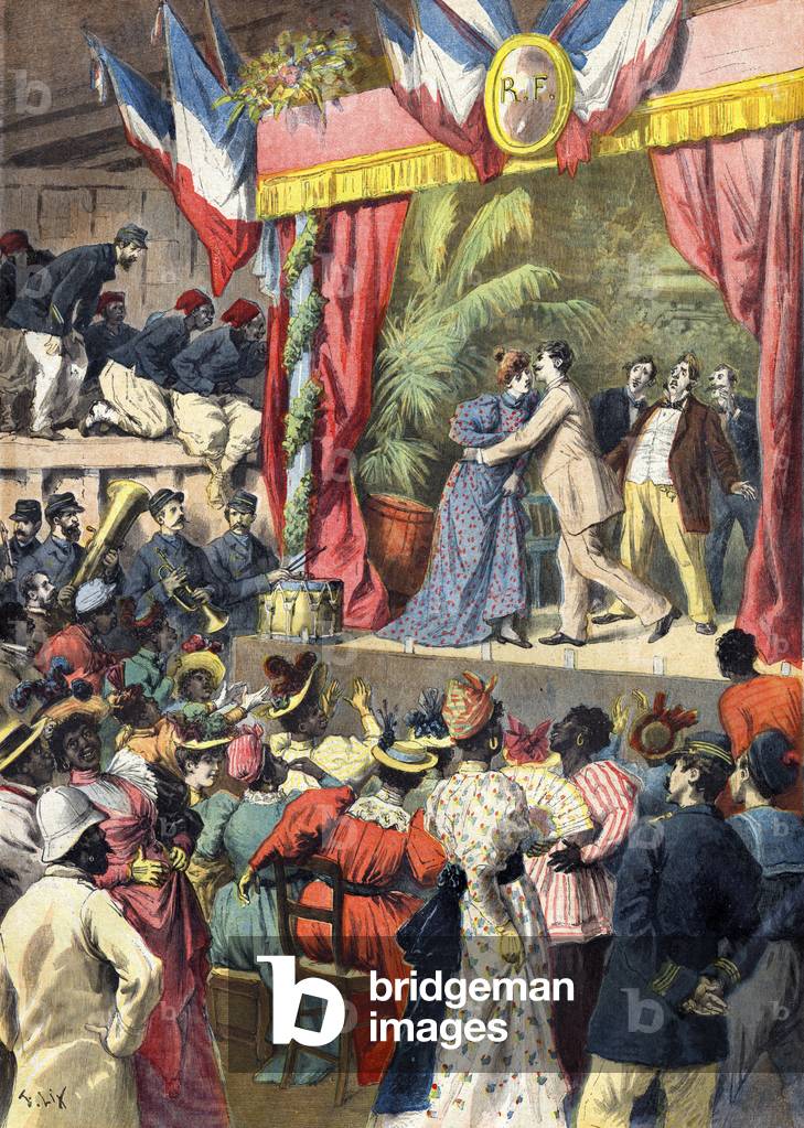 Theatrical performance on stage in Dakat, 1894 (engraving)