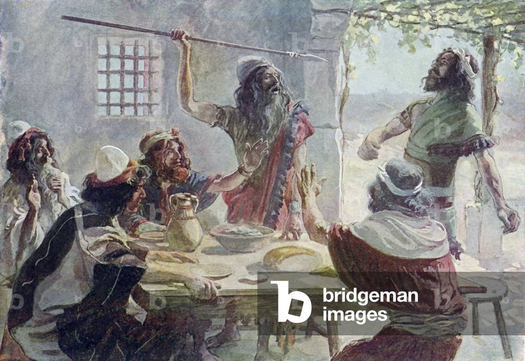 Saul casts a javelin at Jonathan  - Bible