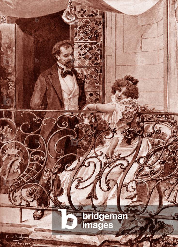 Women on balcony being courted
