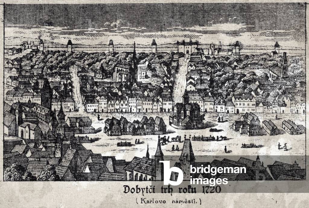 Prague - drawing of a view of the Czech capital city overlooking Karlovo Namesti (Charles Square), 1720
