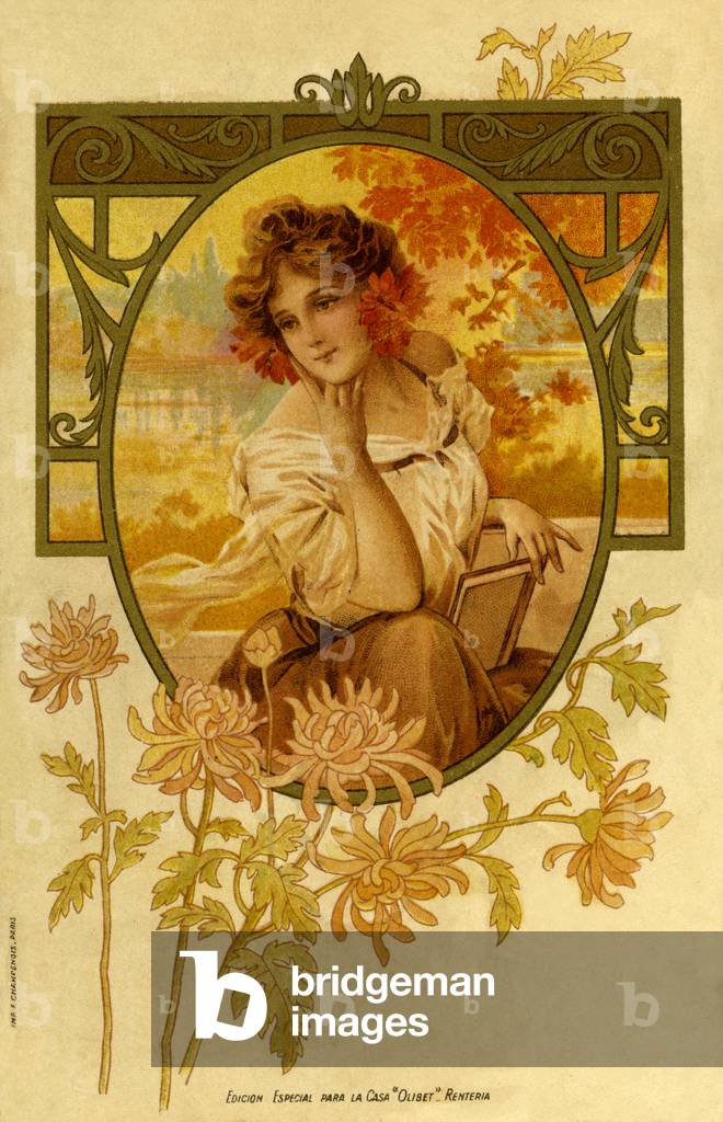 Pensive young woman holding book with autumn colours and flowers