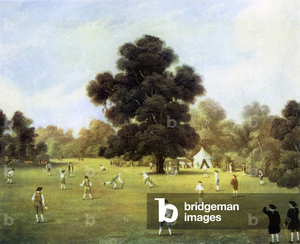Lords and Gentlemen of Surrey and Kent playing cricket at Knole Park, Kent, 1775.