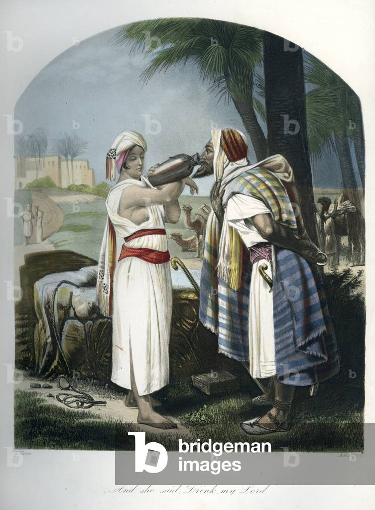 Rebekah giving water to Isaac's servant - Bible