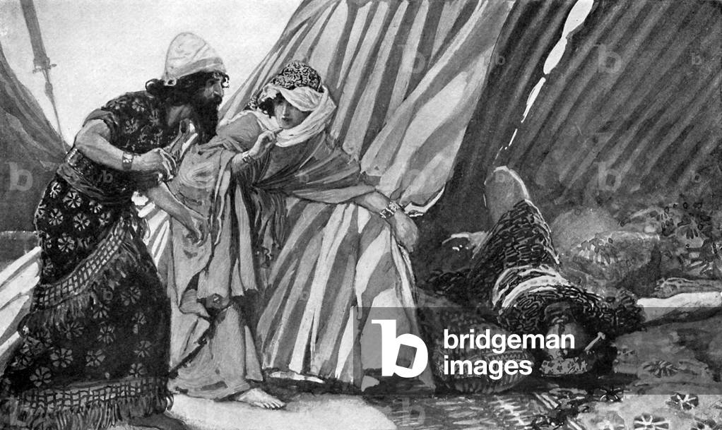 Jael showing Barak  the dead Sisera  - Bible