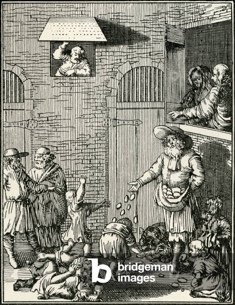 Jewish Festival - Simchat torah. Throwing cakes to children on Simchat Torah Rrejoicing of Giving of the Law), 17th century (engraving)