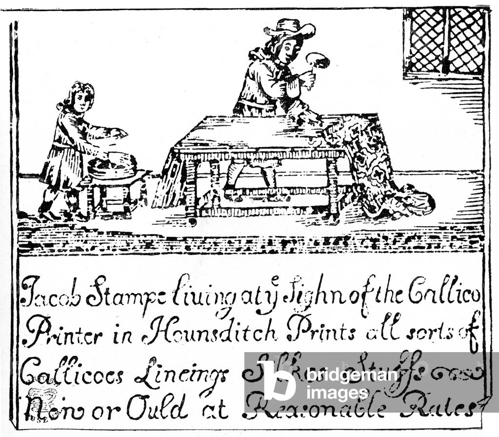 Stamping Calico. British craftsman printing material in the 17th century (print)