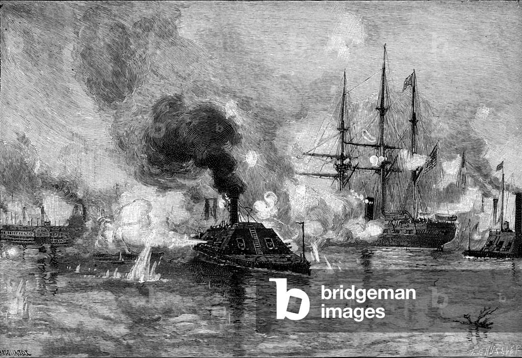 CSS Arkansas running through the Union fleet