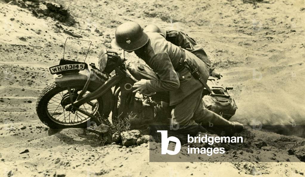 World War 2: German dispatch rider on difficult terrain