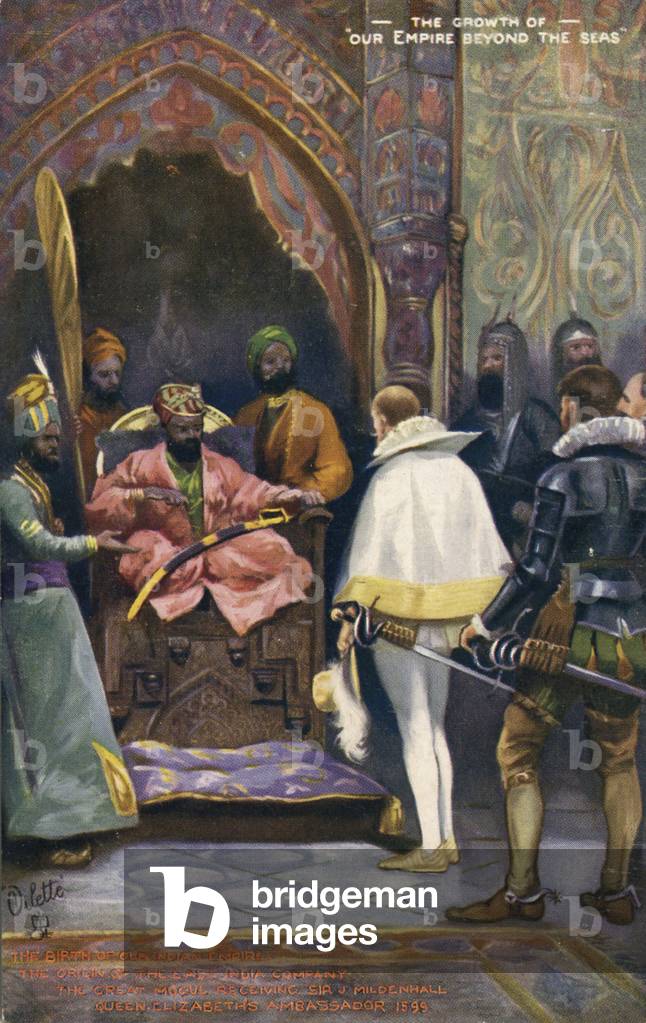 Sir J Mildenhall received by Akbar the Great, early 20th century (postcard)