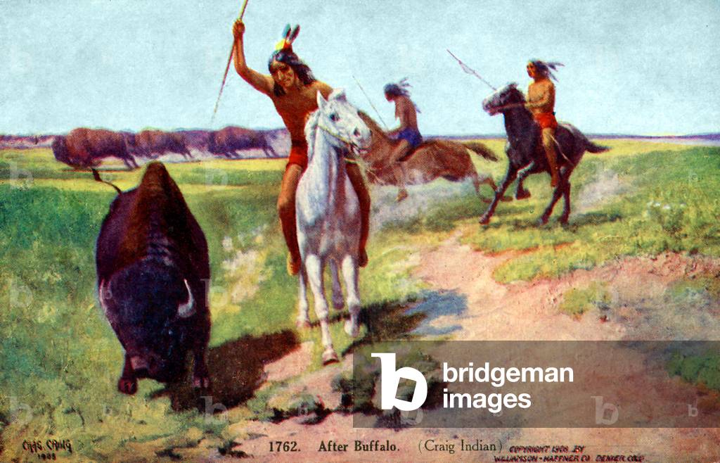 American Indian men hunting buffalo