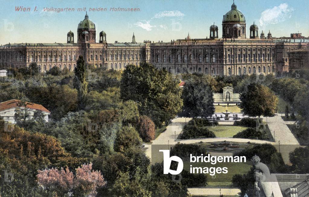 Public gardens with both Hof museums, Vienna, end of 19th/20th century (postcard)