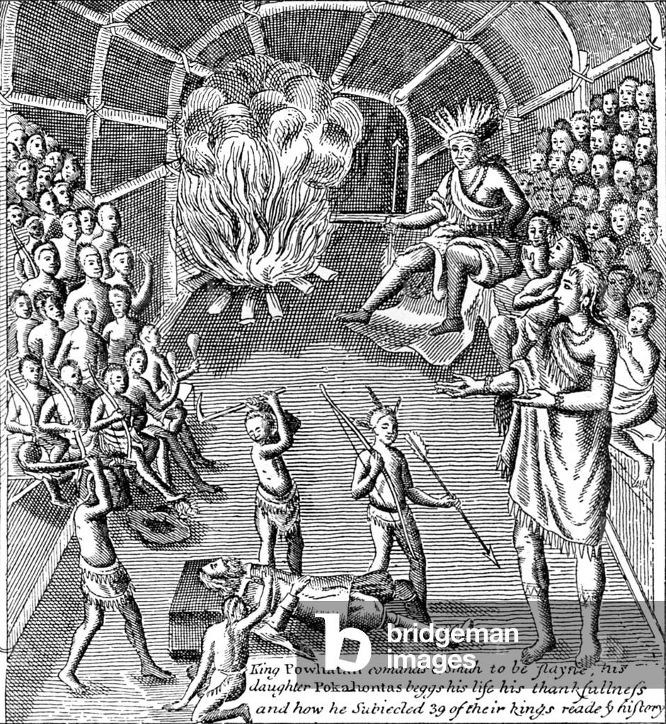 Pocahontas asks her father, Powhatan, to spare the life of John Smith, 1607 (engraving)