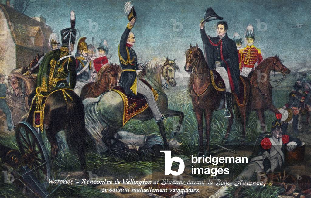 Battle of Waterloo : Wellington and Blucher meeting, in 1815 (print)