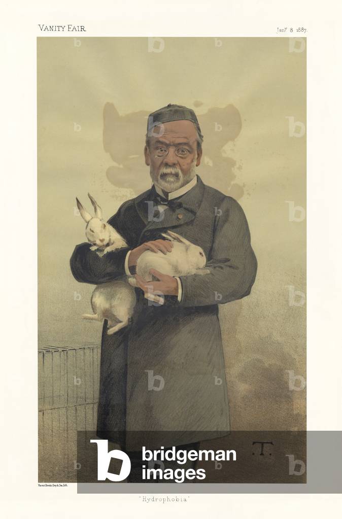 Louis Pasteur - portrait standing holding two white rabbits