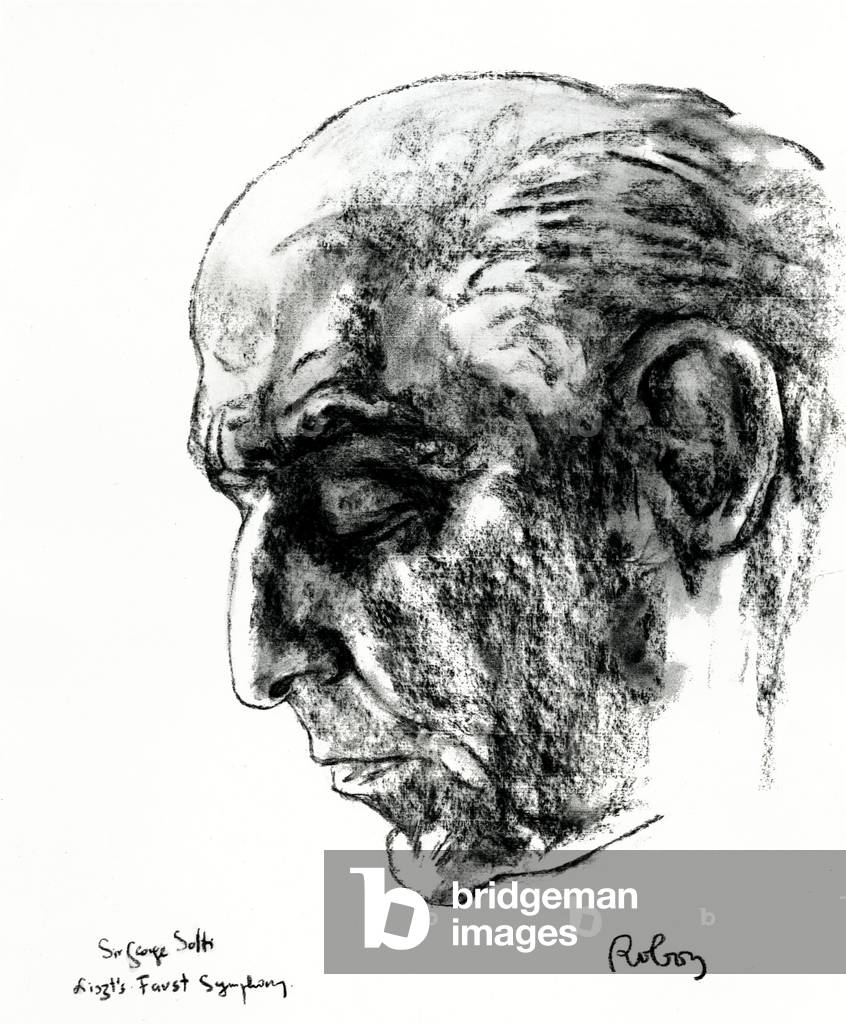 SOLTI, Georg - portrait of head -charcoal by Roboz Caption reads: 'Sir George Solti, Liszt's Faust Symphony