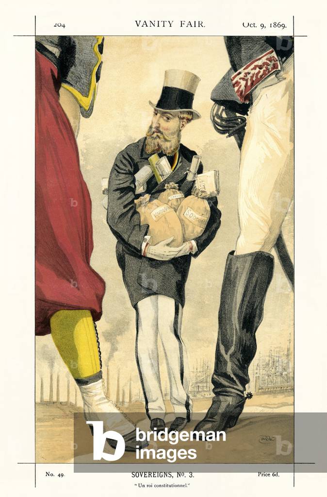 Leopold II - portrait standing, holding bags of moneyclose to himself