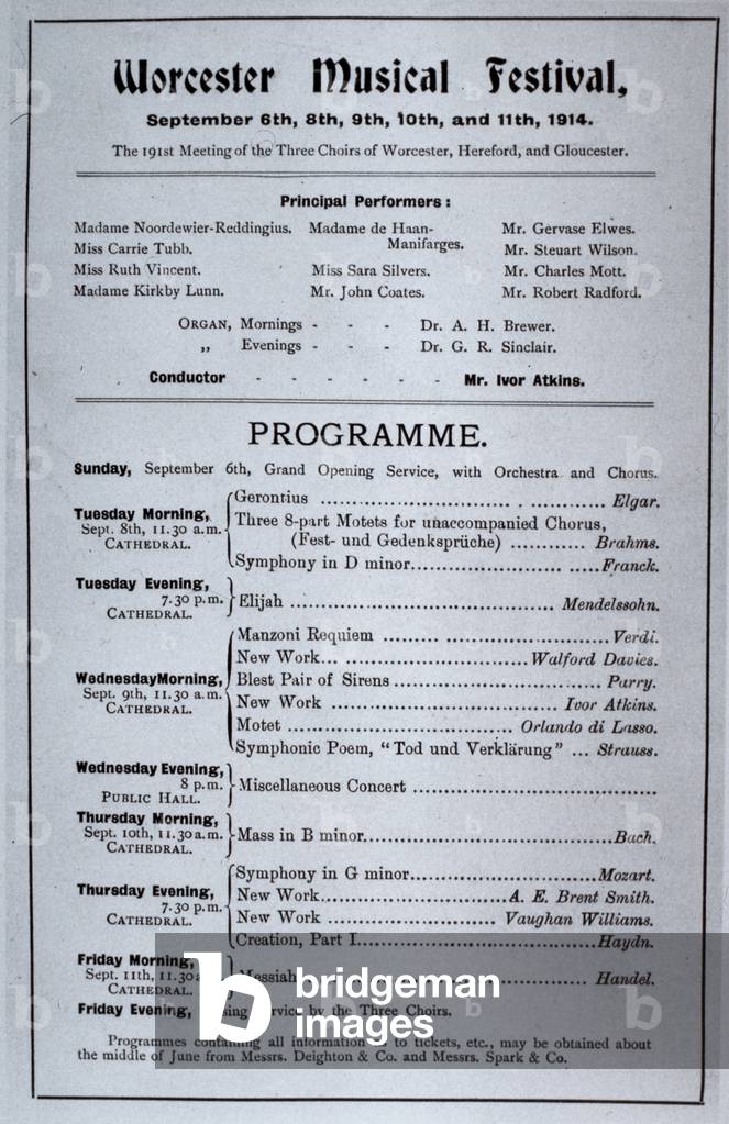 Edward ELGAR - Programme, September, 1914, for 3 Choirs  at Worcester Music Festival