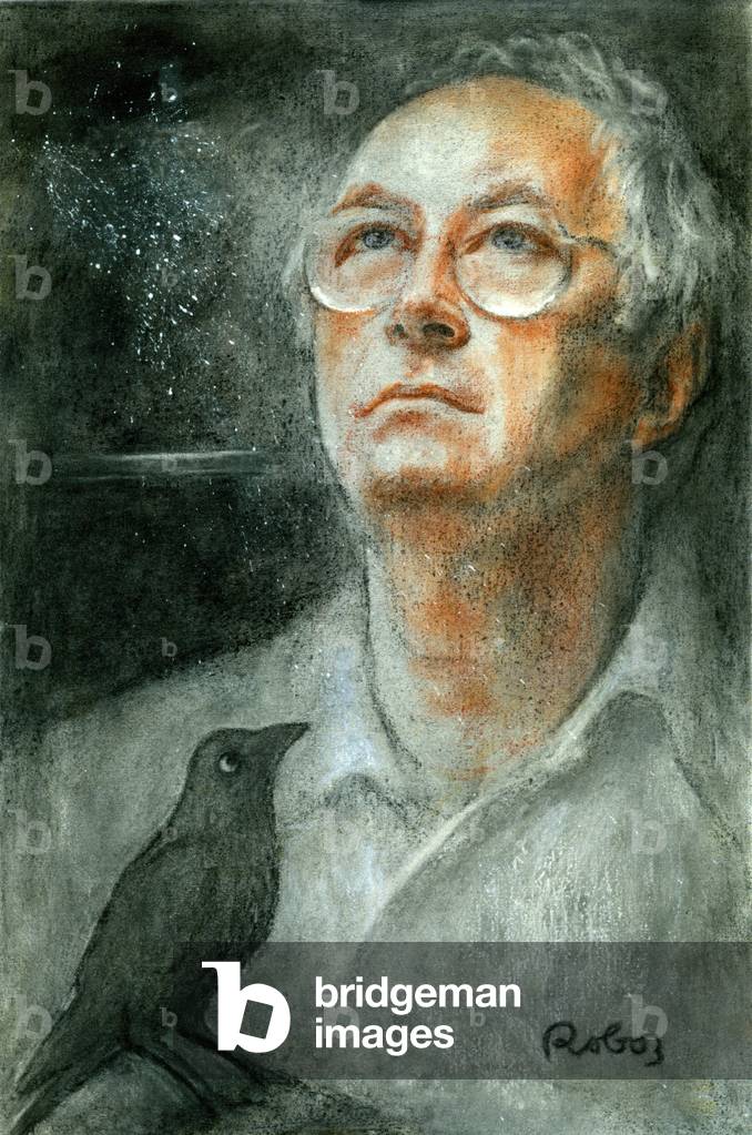 Philip Pullman  with ' Dust '  - portrait by Zsuzsi Roboz