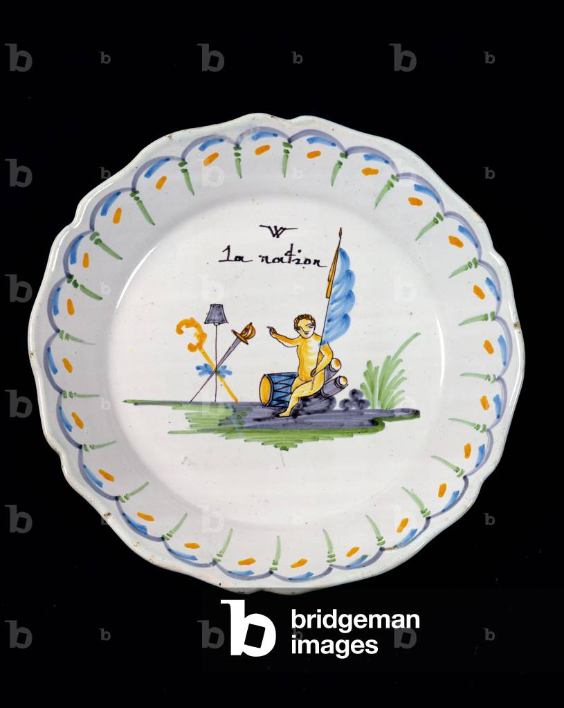 Plate decorated with a genie sitting on a drum, and the Three Orders of 'The Nation' (ceramic)