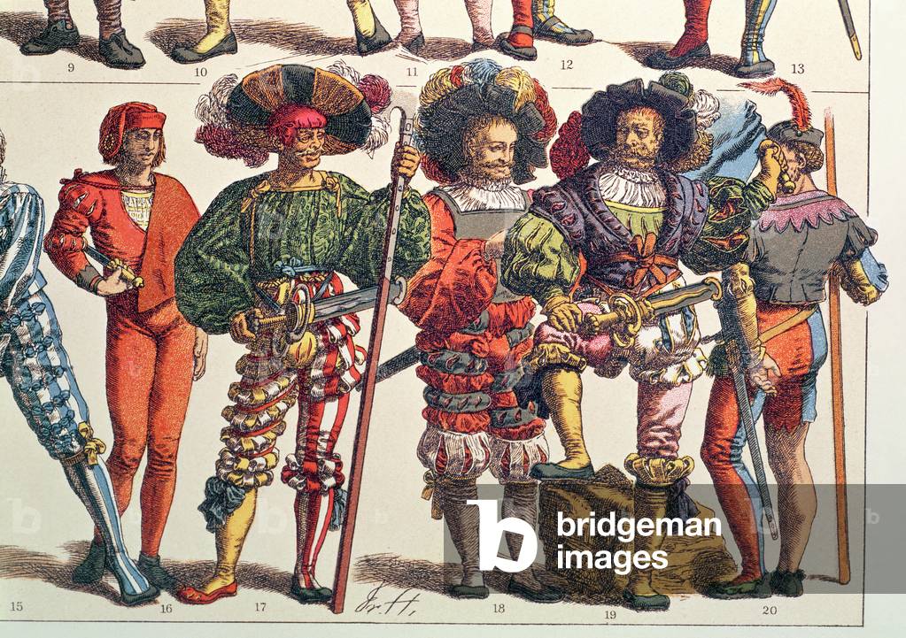 15th century male costume, engraved by Friedrich Hottenroth (b.1840) (litho)