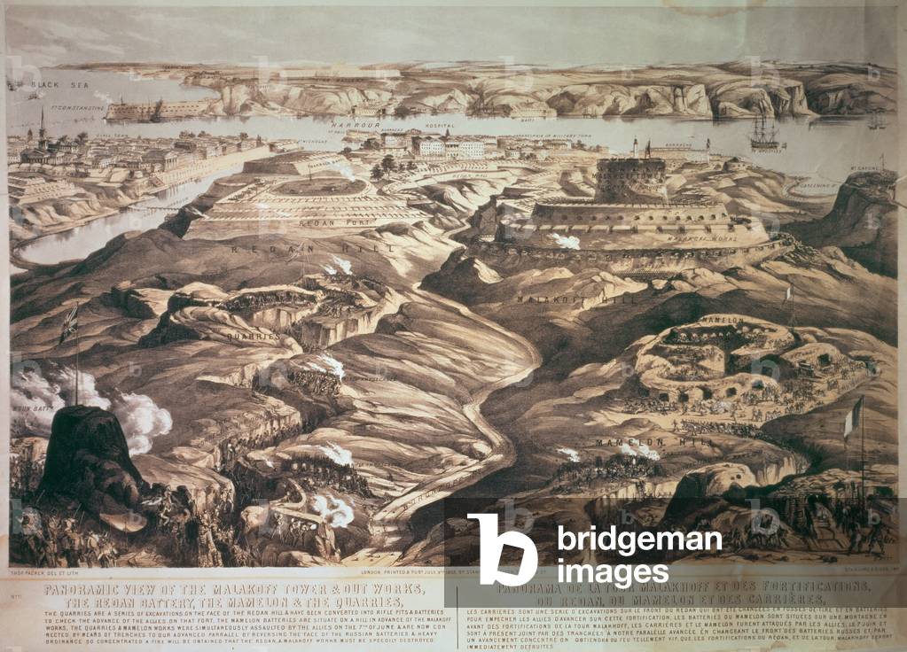 Panoramic View of the Malakoff Tower and Out Works, the Redan Battery, the Mamelon and the Quarries, pub. 1855 by Stannard and Dixon (lithograph)