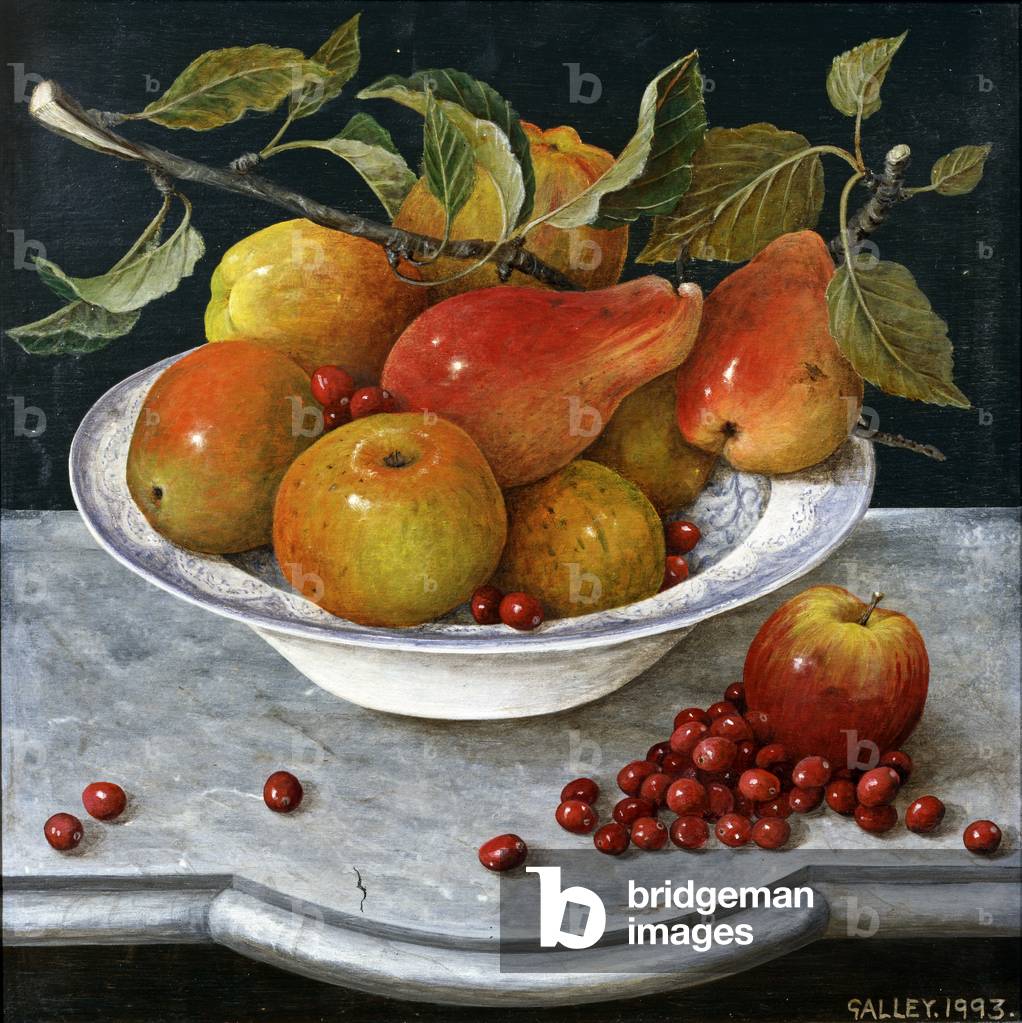 Immagine di Dipinto "Ciotola di frutta su mensola in marmo", 1993 di Galley