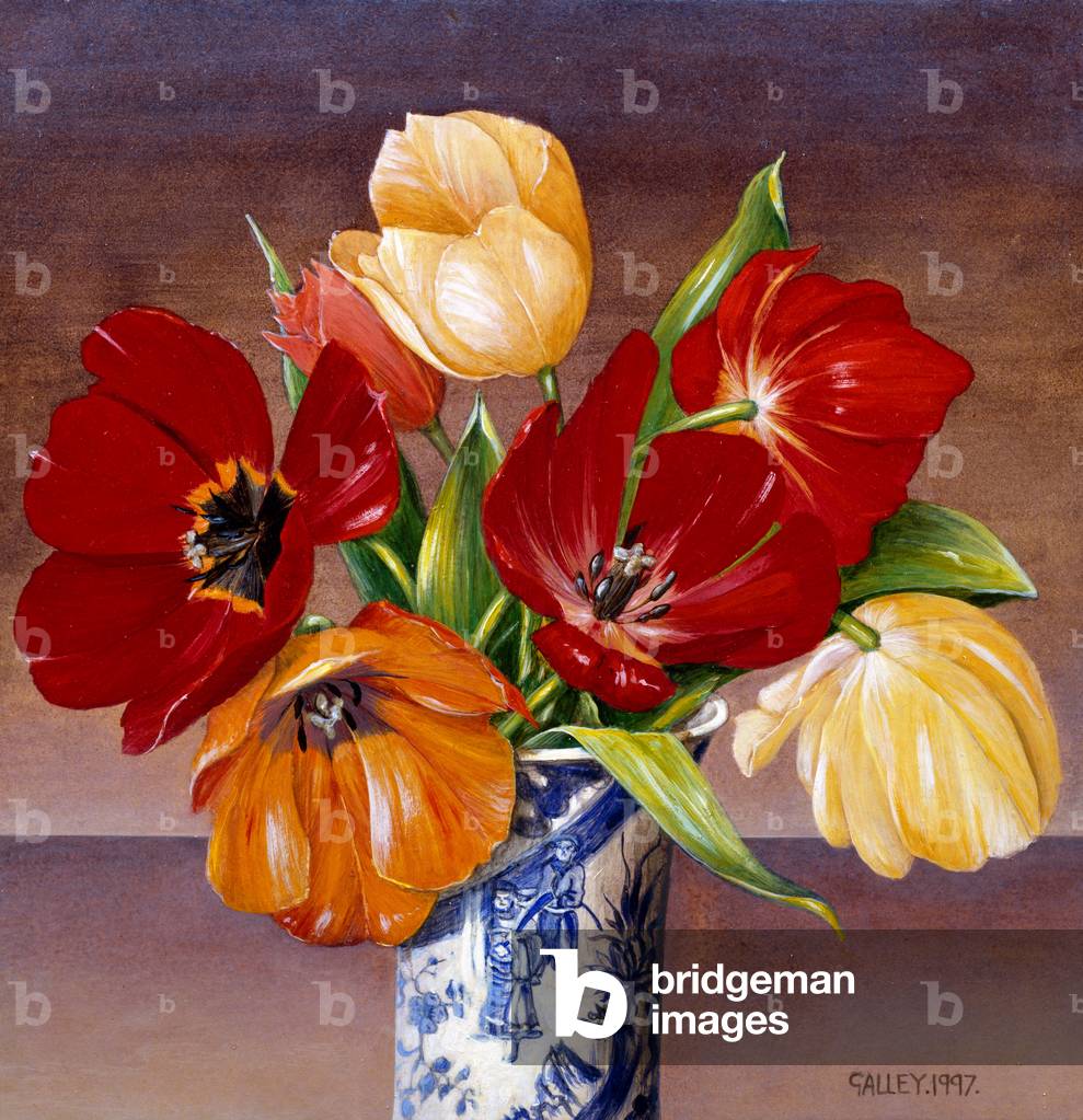 Tulpen von drei Farben in Vase, 1997 (Acryl auf Karton)