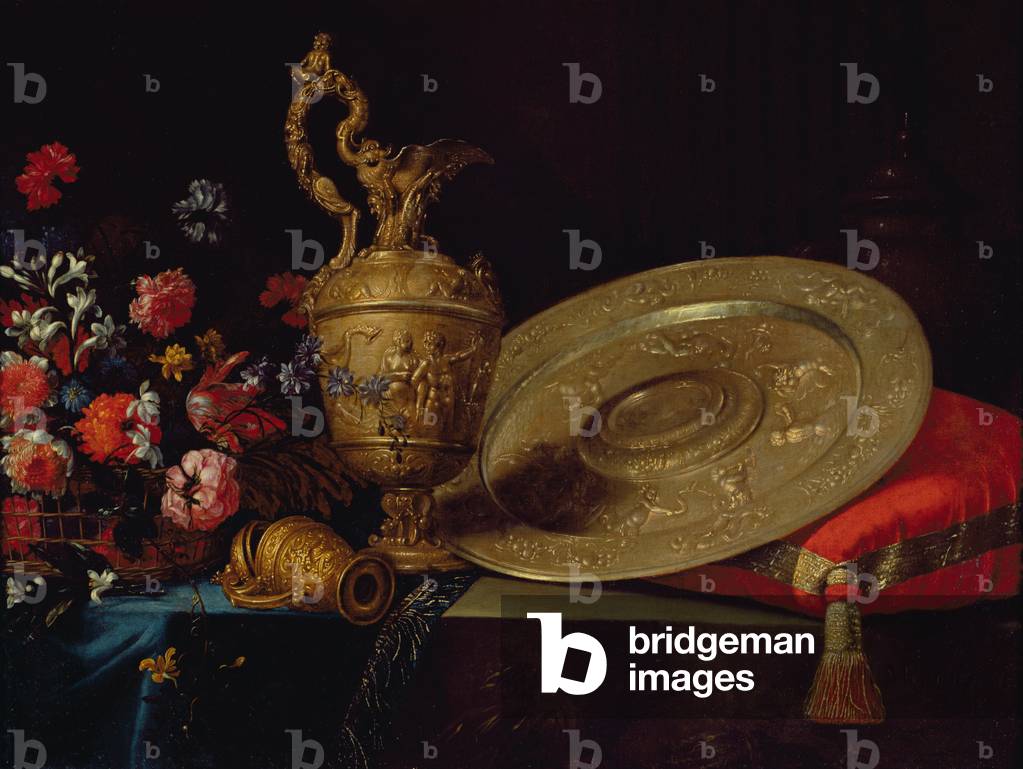 Natura morta con fiori e piatto, XVII secolo (olio su tela)