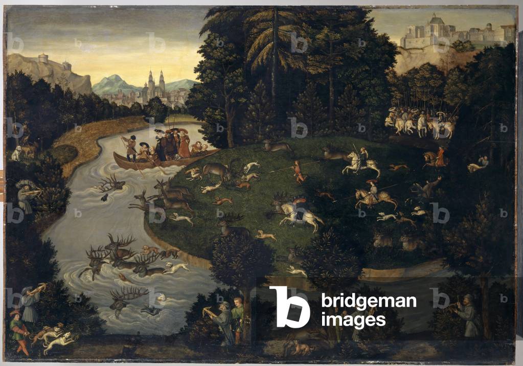 Deer Hunt of Frederick The Wise with the Emperor Maximilian I, c.1600 (oil on oak)