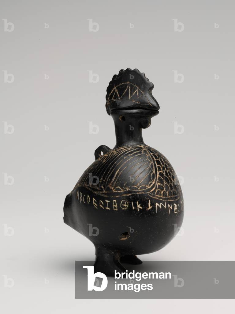 Terracotta vase in the shape of a cockerel, c. 650–600 BC (terracotta, bucchero)