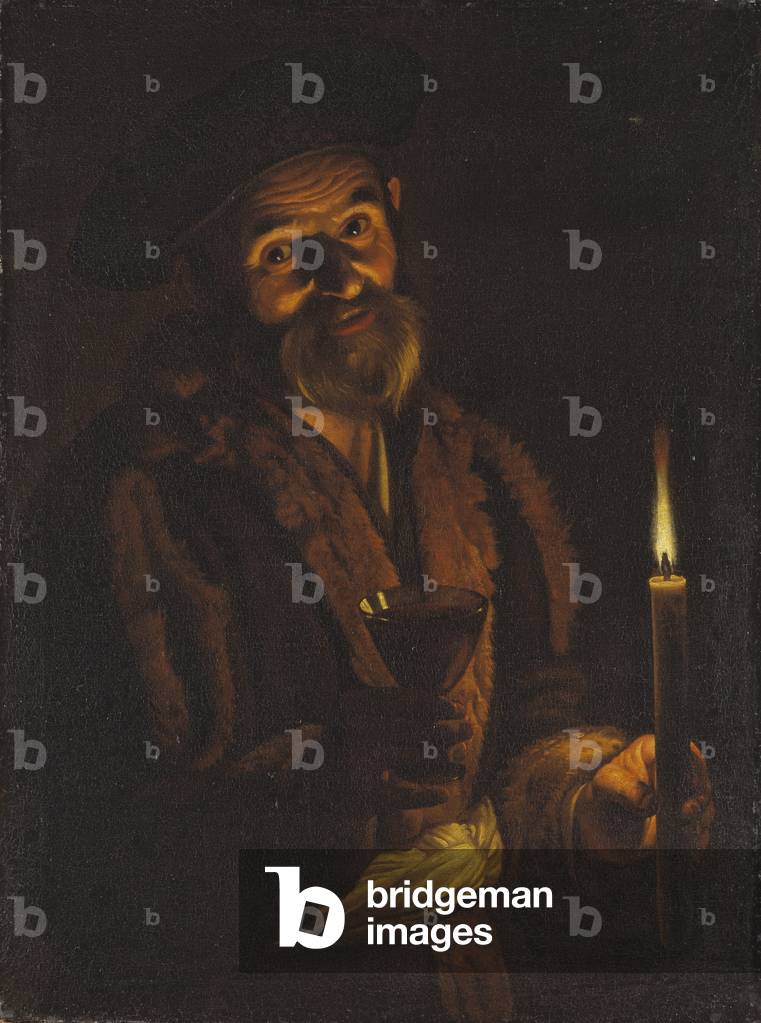 Old Man Holding a Candle and a Glass (oil on canvas)