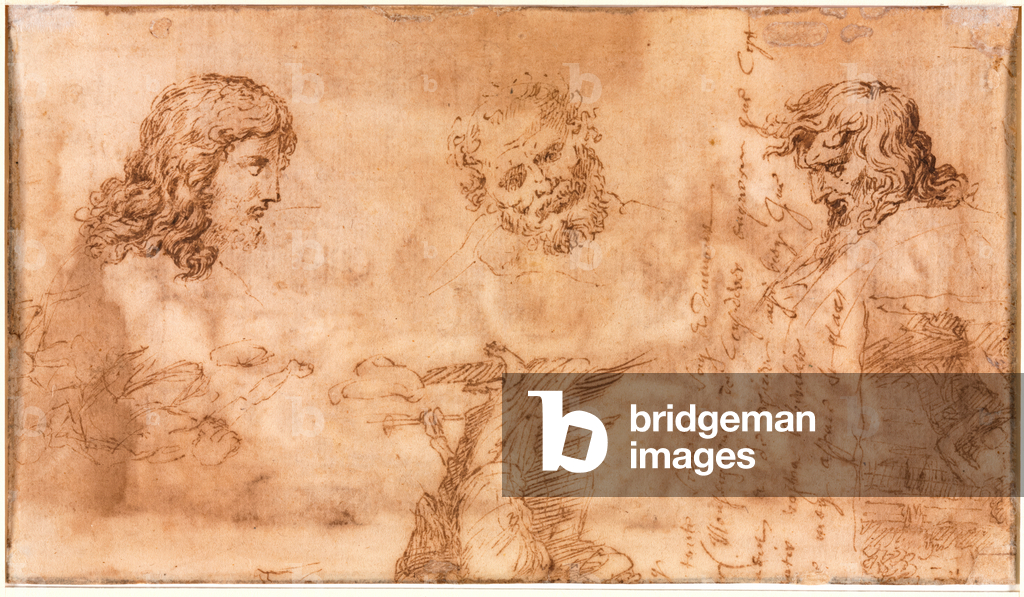 Tre teste e altri schizzi (verso), 1643-44 (penna e inchiostro marrone)