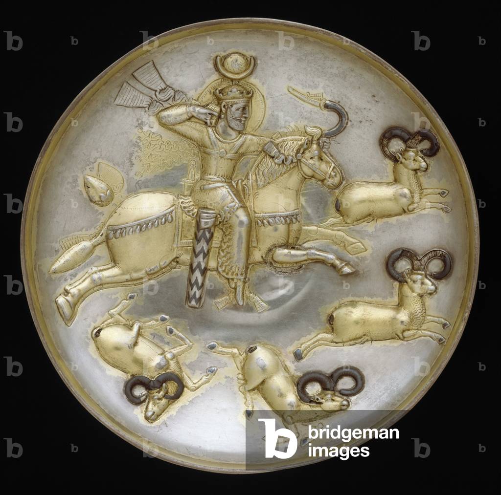 Plate with king hunting rams, c.500 A.D. (silver, mercury gilding, niello inlay)