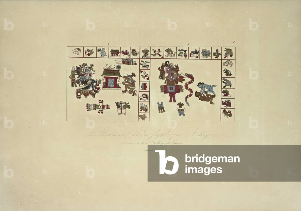 Aztec Hieroglyphic Manuscript Conserved at the Vatican Library, illustration from 'Vues des Cordillères et Monumens des Peuples Indigènes de l'Amérique' by Alexander von Humboldt and Aime Bonpland, 1813 (hand-coloured engraving)