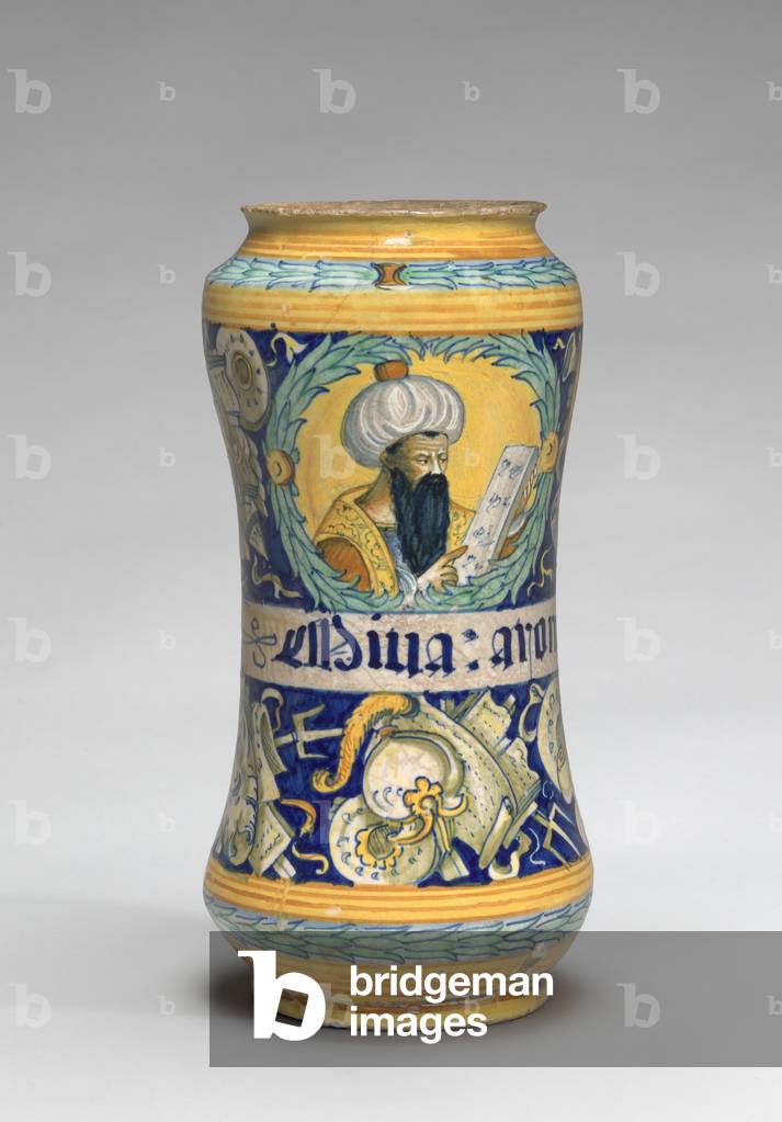 Albarello with black-bearded, turbaned physician  and trophies of arms, c.1550-75 (maiolica)